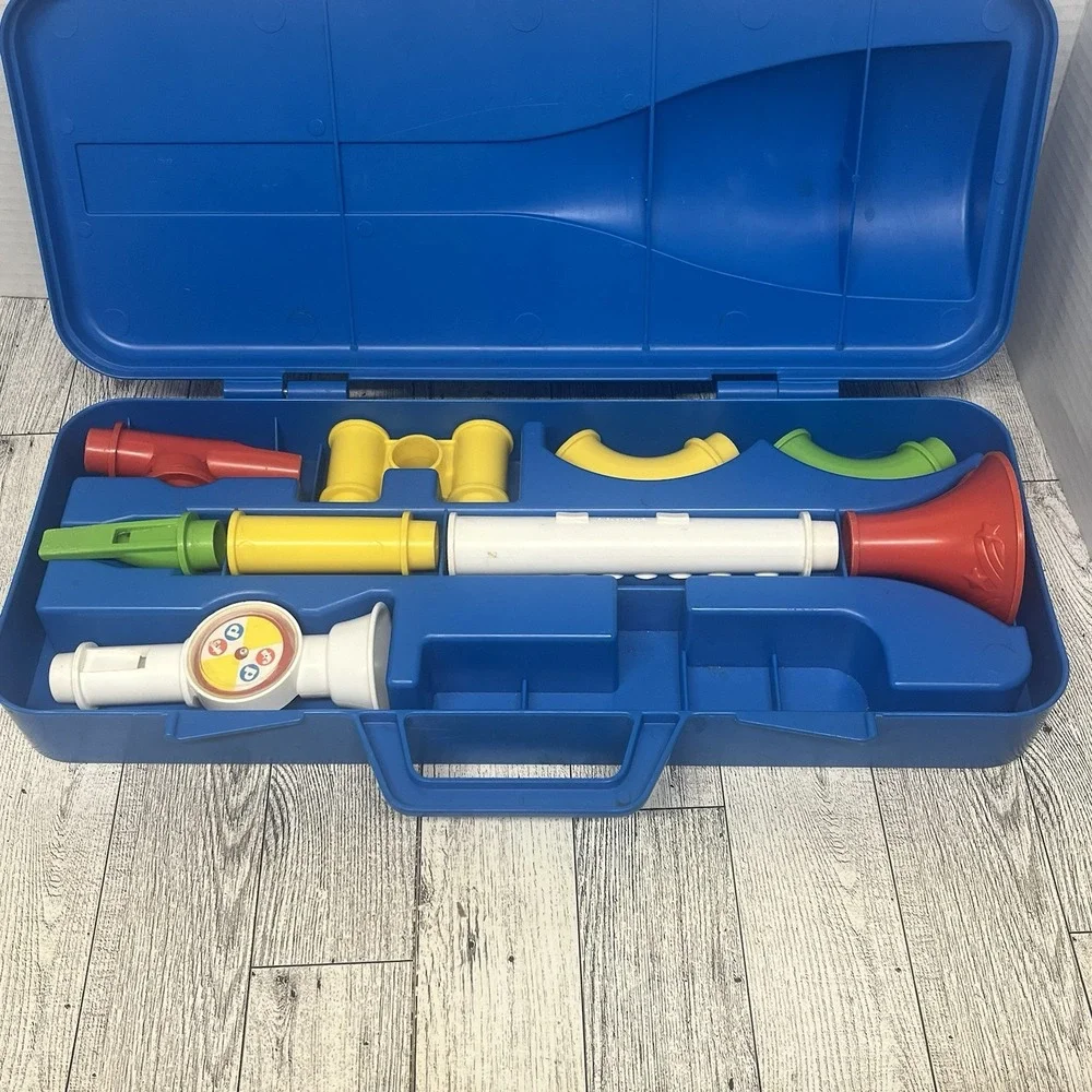 Vintage 1984 Fisher-Price Crazy Combo Horn Set 604 Incomplete Blue Case